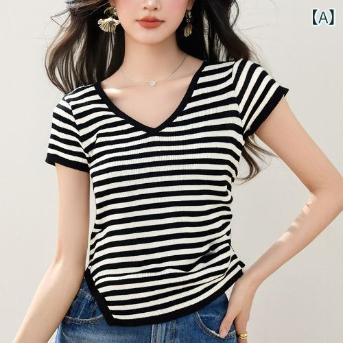 Tシャツ レディース 高級感 ストライプ Vネック 半袖 スリム 接触冷感 再生繊維 吸湿速乾 伸縮性 美シルエット インナー 通勤 オフィス きれいめ トップス 春夏