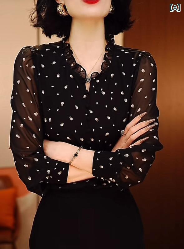 ブラウス レディース 女性用 春夏 薄手 シフォン ポリエステル 幾何学柄 プリント プルオーバー 長袖 きれいめ エレガント 通気性 涼しい 着回し オフィス カジュアル