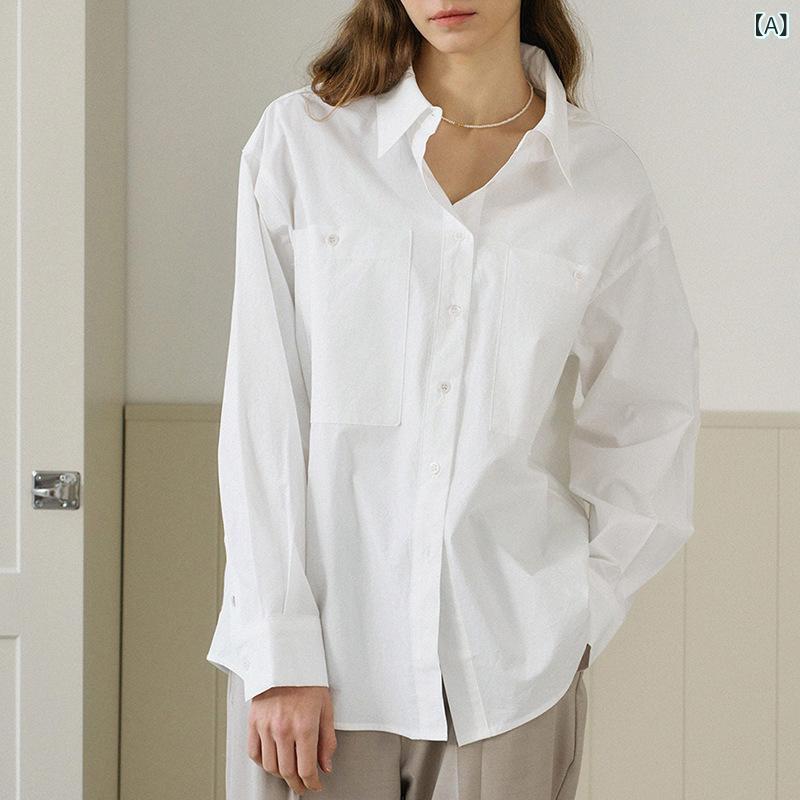 シャツ レディース 女性用 秋 綿 コットン 長袖 無地 レギュラーカラー ダブルポケット オーバーサイズ ゆったり ミドル丈 チュニック丈 前開き 前ボタン 日韓 カジュアル 普段使い シンプル 快適 ホワイト グリーン