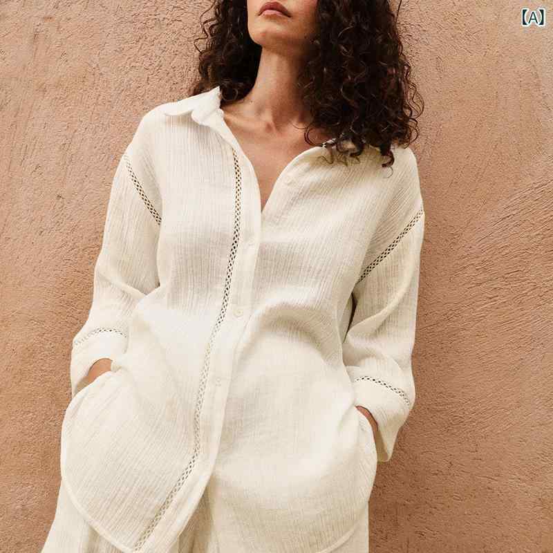ブラウス レディース 女性用 長袖 ゆったり シャツカラー シワ加工 綿 コットン 100% 肌触り良い ルームウェア 部屋着 外出着 ワンマイルウェア 普段使い 通勤 白 アイボリー グレー 秋冬 トップス