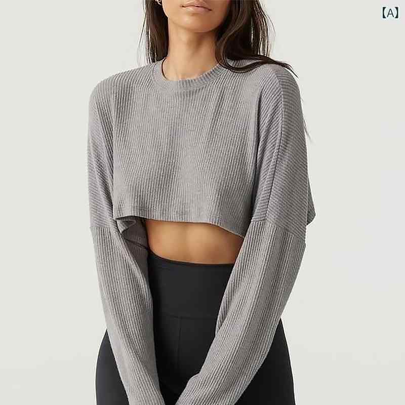 Tシャツ レディース リブ素材 ゆったり オーバーサイズ クルーネック 長袖 トップス ショート丈 クロップド丈 ストリートカジュアル 欧米風 無地 綿 スパンデックス 秋冬 グレー ブラック アイボリー 普段使い