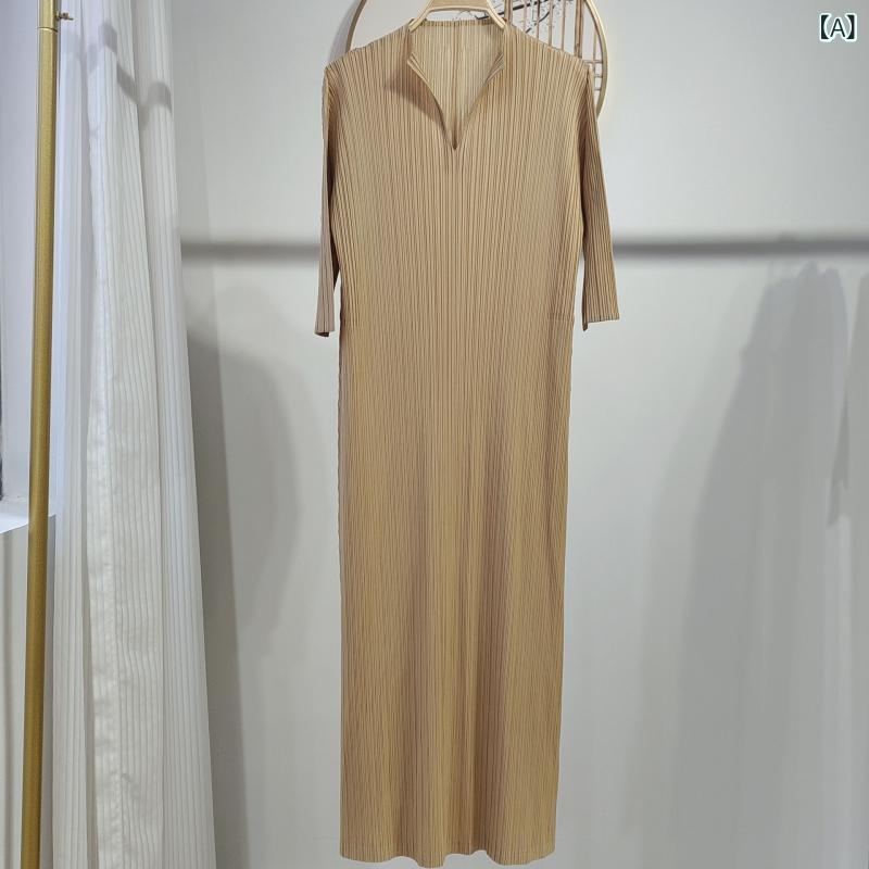 ワンピース 春夏 プリーツ ゆったり 大きいサイズ ビッグシルエット カジュアル リラックスフィット Vネック ミディ丈 Aライン 七分袖 ポリエステル 無地 形状安定 上品 大人可愛い デイリーユース