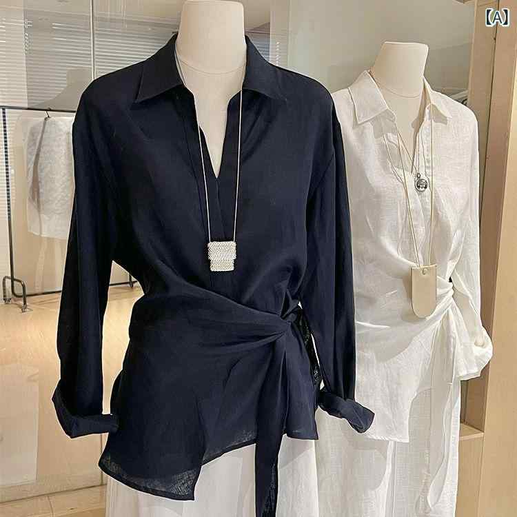 シャツ レディース アシンメトリー 切り替え ウエストマーク リボンタイ POLO襟 フレンチシック オールドマネー風 リラックス 抜け感 長袖 ゆったり ブラウス ポリエステル シンプル 通勤 オフィス カジュアル