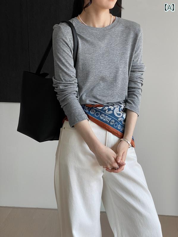 カットソー レディース 女性用 春夏 ベーシック インナー トップス 長袖 ラウンドネック 肌に優しい 柔らか 伸縮性 綿 コットン 無地 グレー ホワイト ブラック