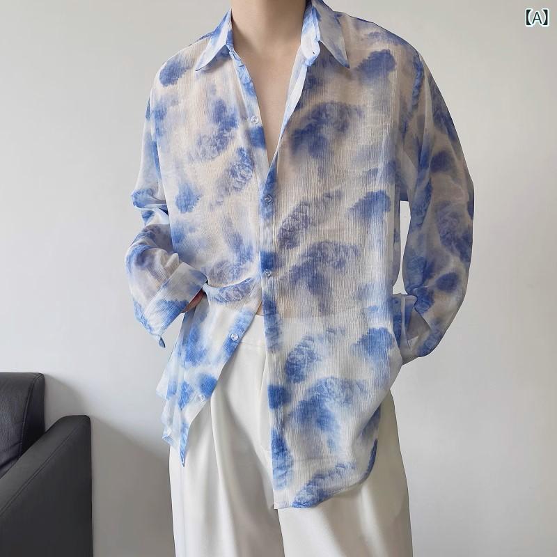 シャツ メンズ トップス 男性用 和風テイスト 水墨画風 グラデーションプリント 薄手 シアー 透け感 長袖 ゆったり ルーズフィット UVカット カジュアル 羽織り アウター 春夏 ポリエステル ブルー 切り替え