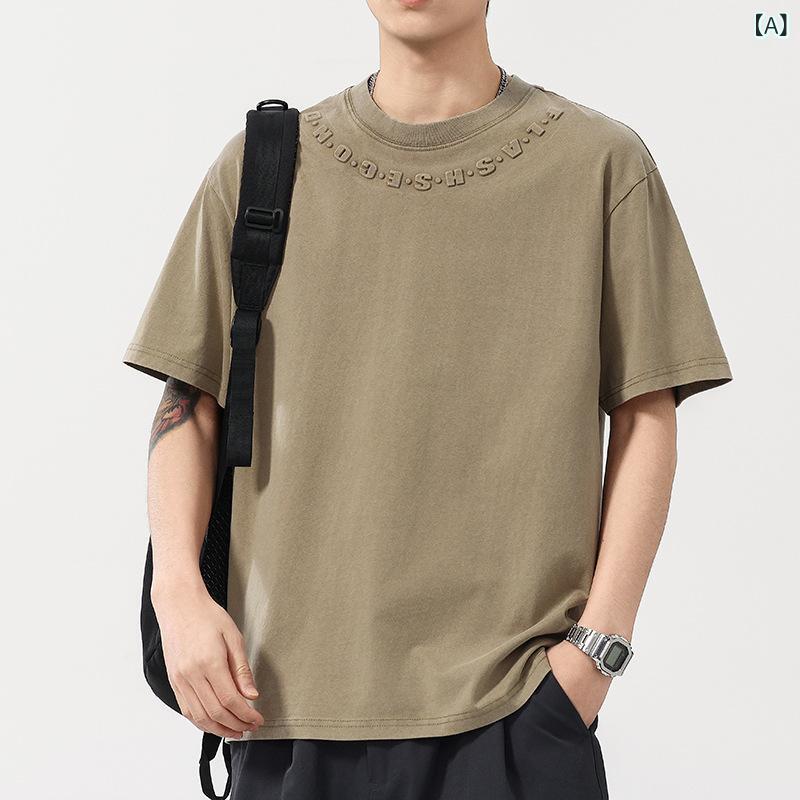 Tシャツ メンズ 高級感 アメリカン ヴィンテージ プレス加工 立体アルファベット 半袖 綿100% ゆったり オーバーサイズ クルーネック 厚手 ヘビーウェイト 吸湿速乾 カジュアル 普段使い 春夏 カーキ ブラック