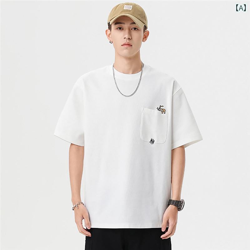 Tシャツ メンズ ヘビーウェイト 防シワ ワッフル生地 ポリエステル素材 刺繍 半袖 ゆったり オーバーサイズ ビッグシルエット クルーネック カジュアル 普段使い トップス 春夏