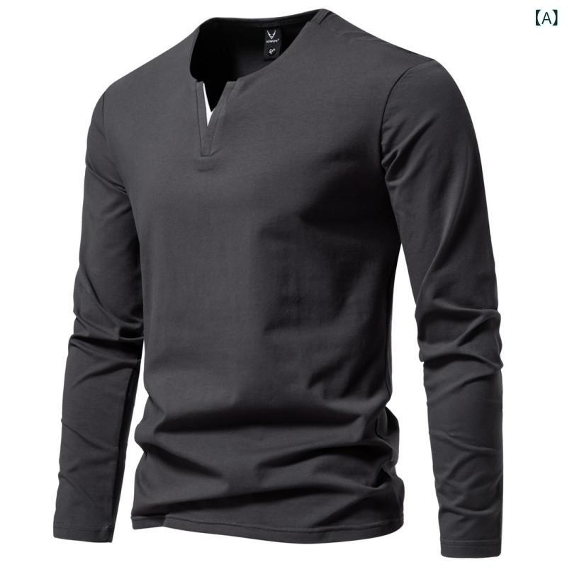 Tシャツ メンズ 男性用 長袖 Vネック ヘンリーネック トップス 綿混紡 コットンブレンド 無地 ソリッドカラー ゆったり ビッグシルエット リラックスフィット カジュアル 普段使い 秋