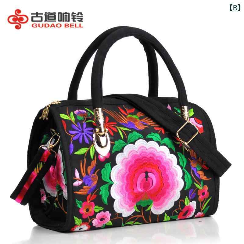 鞄 レディース 民族調 エスニック 刺・墸 花柄 キャンバス 帆布 ドラムバッグ 円筒形 バレルバッグ 2WAY 手提げ ハンドバッグ 斜め掛け ショルダーバッグ 普段使い デイリーユース 旅行 ファスナー付き 内ポケット 丈夫な作り
