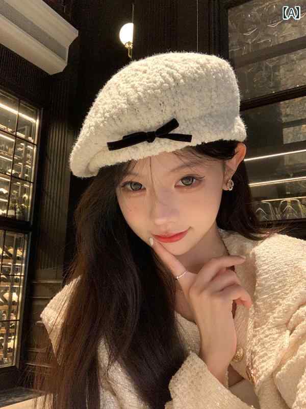 ベレー帽 レディース 女性用 リボン ボア ふわふわ もこもこ 秋冬 小顔効果 韓国ファッション フェミニン ガーリー スウィート あったか 保温 普段使い お出かけ