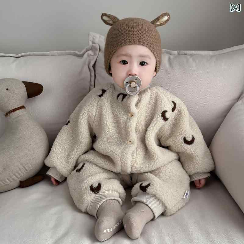 ロンパース ベビー 男女兼用 新生児 赤ちゃん 韓国風 刺繍 裏起毛 厚手 保温 暖かい 秋冬 ポリエステル 長袖 前開き カバーオール お出かけ着