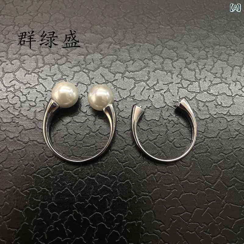 リング レディース S925 シルバー 高級感 幾何学デザイン ダブルパール プラチナ仕上げ 開口式 フリーサイズ パール用セッティング 指輪 通勤 ファッションアクセサリー