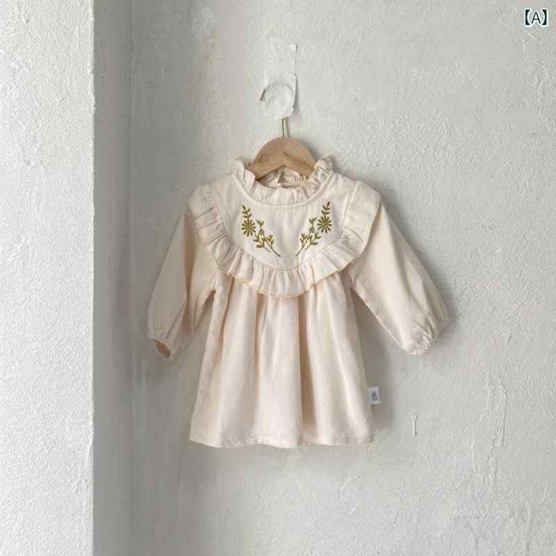 ワンピース 子供 女の子 女児 ベビー 幼児 春秋 長袖 麻混 ピーチスキン 柔らか肌触り スタンドカラー フリル襟 Aライン 刺繍 花柄 ロング丈 プリンセススタイル かわいい