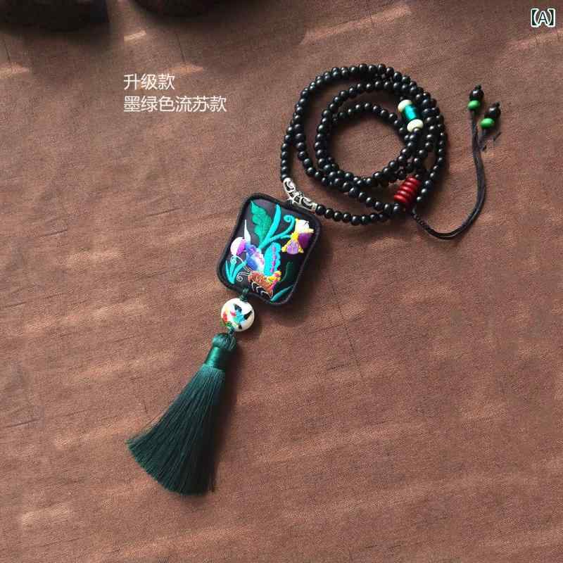 ネックレス レディース 刺・墸 ロング セーターチェーン タッセル 民族風 チャイナドレス 胡蝶蘭 花柄 ダークグリーン 上品 エレガント かわいい 首飾り