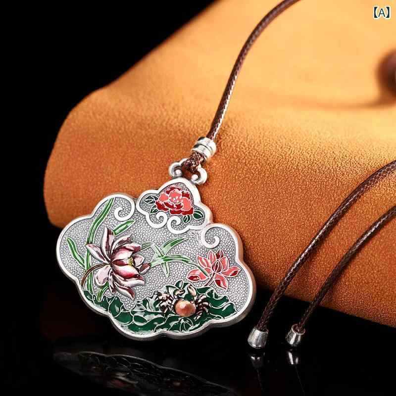 ネックレス レディース 女性用 純銀990 シルバーアクセサリー 牡丹 七宝焼き 文芸レトロ エスニック風 カジュアル ロング丈 セーター用