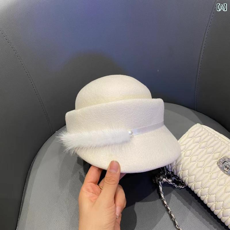 帽子 レディース 女性用 秋冬 ベレー帽 つば付き ヘップバーン風 レトロ クラシック セレブ ウール フェルト ミンクファー エレガント 防虫 サイズ調整可能|naruki