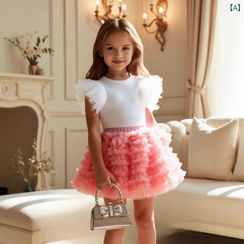セットアップ キッズ 女の子 子供服 韓国風 プリンセススタイル トップス ショート丈 チュールスカート フリル袖 メッシュ素材 かわいい おしゃれ 普段使い お出かけ 春夏 ピンク系 紫系