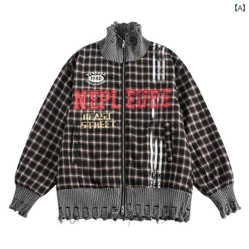 ジャケット メンズ ニット スタンドカラー チェック柄 ダメージ加工 ビンテージ アメリカン レトロ ストリート オーバーサイズ ジップアップ ブラック ブラウン 春夏 ポリエステル ブルゾン
