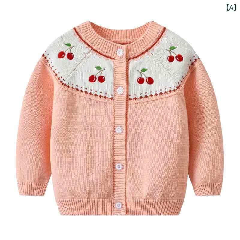 ニットカーディガン 女の子 ガールズ 綿100% コットン 柔らかな肌触り 春秋 チェリー柄 ジャガード 刺繍 スウィート かわいい おしゃれ 長袖 丸首 クルーネック 前開き ボタン留め カジュアル