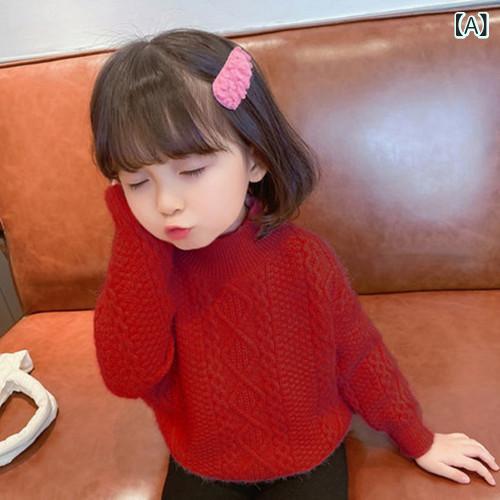 ニット 女の子 キッズ ベビー セーター プルオーバー 厚手 暖かい 柔らかい 長袖 丸首 ラウンドネック インナー 普段使い 通園通学 韓国風 おしゃれ かわいい 秋冬 レッド アイボリー ピンク系