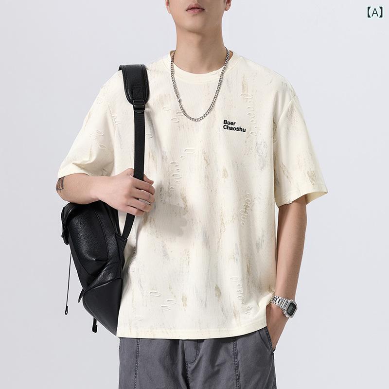 Tシャツ メンズ 男性用 半袖 トップス ジャガード織り 高級感 大きいサイズ アメリカンカジュアル ポリエステル 綿混紡 吸汗速乾 クルーネック レタープリント 夏 普段使い