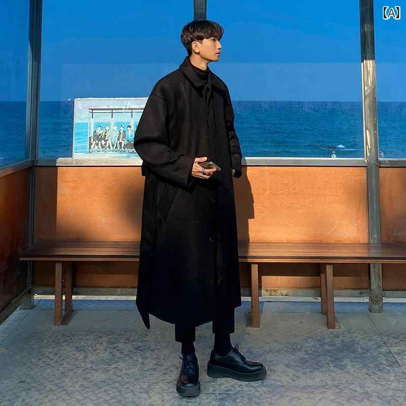 コート メンズ 秋冬 アウター ミドル丈 ロング丈 ゆったり オーバーサイズ 厚手 暖かい 防寒 韓国風 ブリティッシュ 無地 テーラードカラー シングルブレスト ポリエステル カジュアル ブラック カーキ ブラウン|naruki