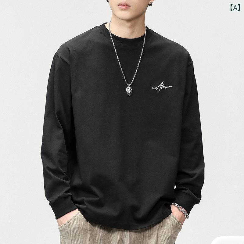 Tシャツ メンズ 秋冬 長袖 綿100% コットン 刺・墸 プリント クルーネック 丸首 ルーズフィット ゆったり オーバーサイズ トップス カジュアル 普段使い リラックスウェア インナー レイヤード