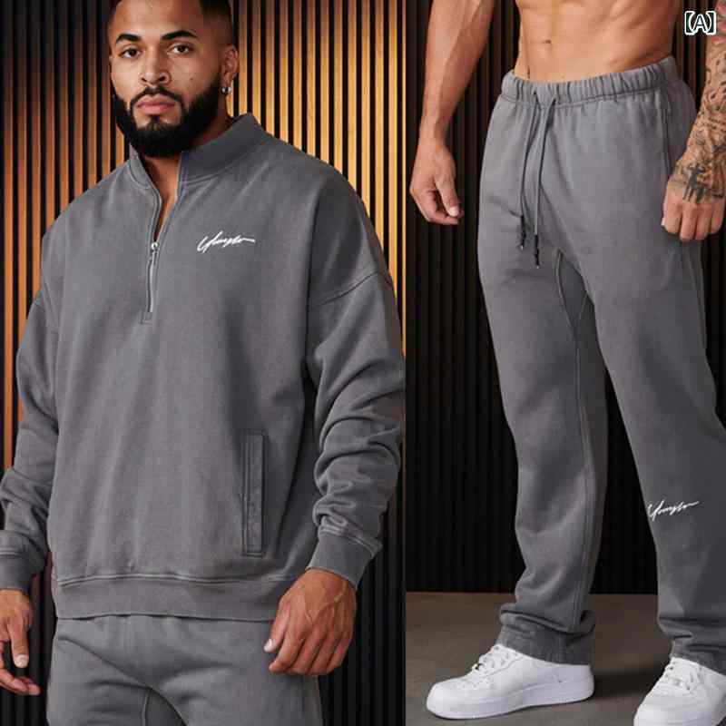 セットアップ メンズ 男性用 スポーツ フィットネス ランニング トレーニング ジム 長袖 長ズボン フード付き スタンドカラー 綿 コットン 耐摩耗 防風 欧米サイズ 秋 秋冬