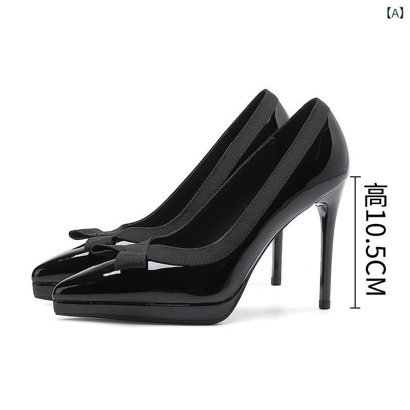 パンプス 女性用 ポインテッドトゥ リボン 細ヒール エナメル素材 防水プラットフォーム 韓国 上品 エレガント 通勤 オフィス デイリー ブラック ヌードカラー 美脚 快適 5,035円