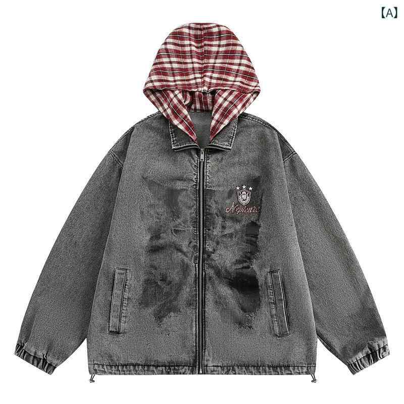 上衣 メンズ 個人的特徴派 アメリカン表どおり ウォッシュ産業 ユーズド産業 ジーンズ フェイクレイヤード うつり変わり 読み合わせる柄 ボンネット付き添い人 綿 ジップアップ ルーズフィット 長袖 心地よい 薄墨色 春夏