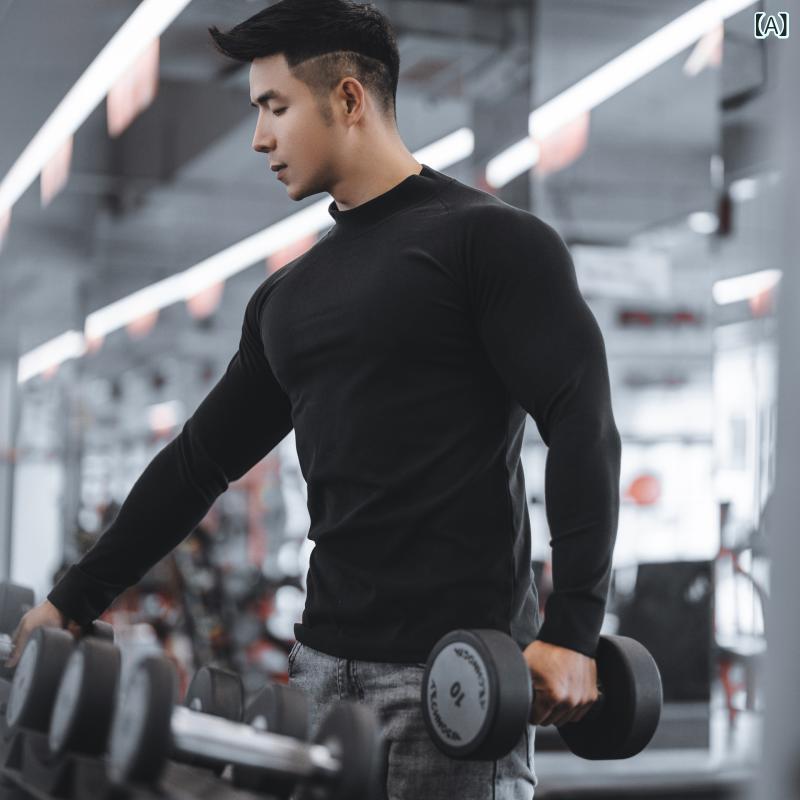 Tシャツ メンズ 男性用 秋冬 スポーツ カジュアル ランニング フィットネス ジム 厚手 裏起毛 保温 防寒 ポリエステル製 長袖 丸首 ハイネック スリム トップス