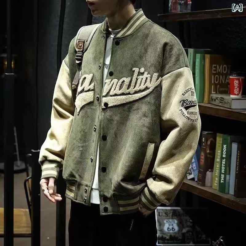 スタジャン メンズ アメリカン レトロ スエード調 薄手 フード付き ゆったり 耐久性 アウター 春秋 ストリート カジュアル 韓国 グリーン ブラック カップル