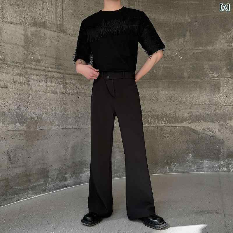 スラックス メンズ アシンメトリーウエスト ストレートパンツ ゆったり ワイド ルーズフィット カジュアル きれいめ モード系 ビジカジ フルレングス ポリエステル混紡 ブラック オールシーズン