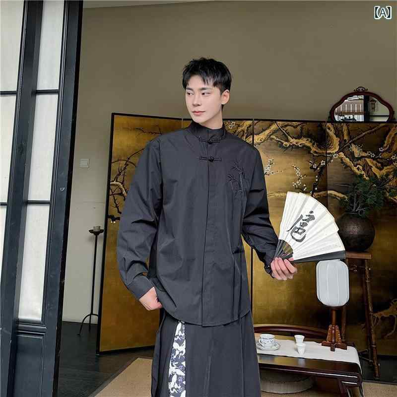 シャツ メンズ 中国風 チャイナボタン スタンドカラー 竹刺繍 タッセル 長袖 ゆったり カジュアル ポリエステル混紡 トップス 春秋 黒