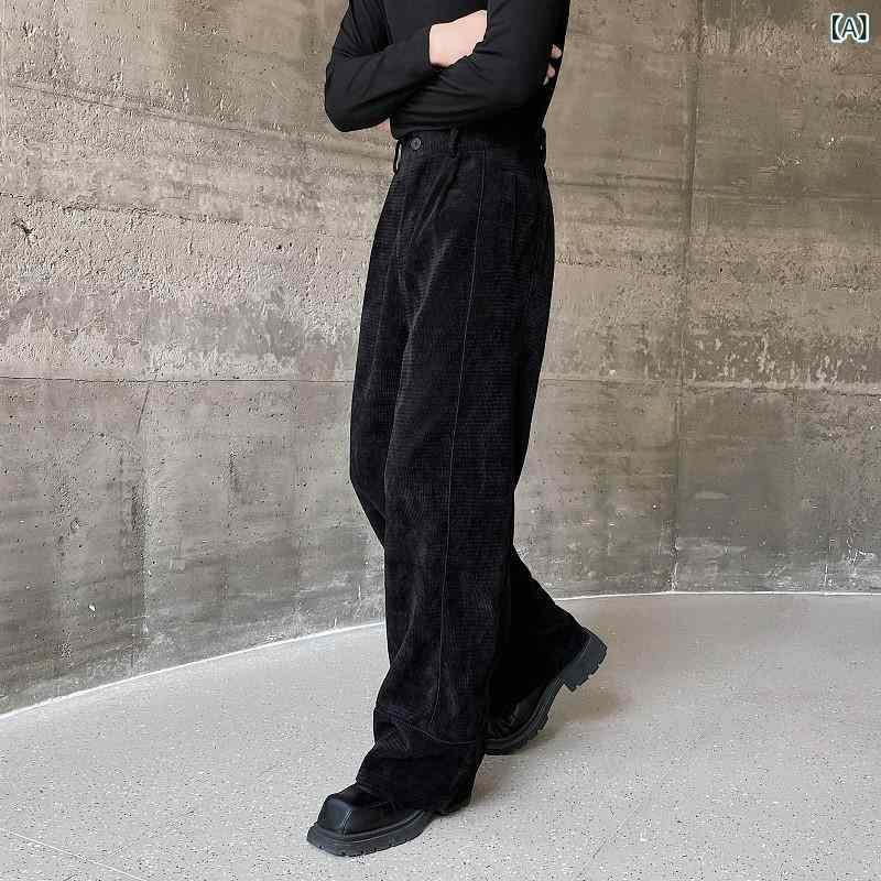 カジュアルパンツ メンズ レトロ ヴィンテージ風 ゆったり ルーズフィット ワイドパンツ コーデュロイ 明るいステッチ 超ロング丈 ポリエステル ノンストレッチ 普段使い 春秋 ブラック