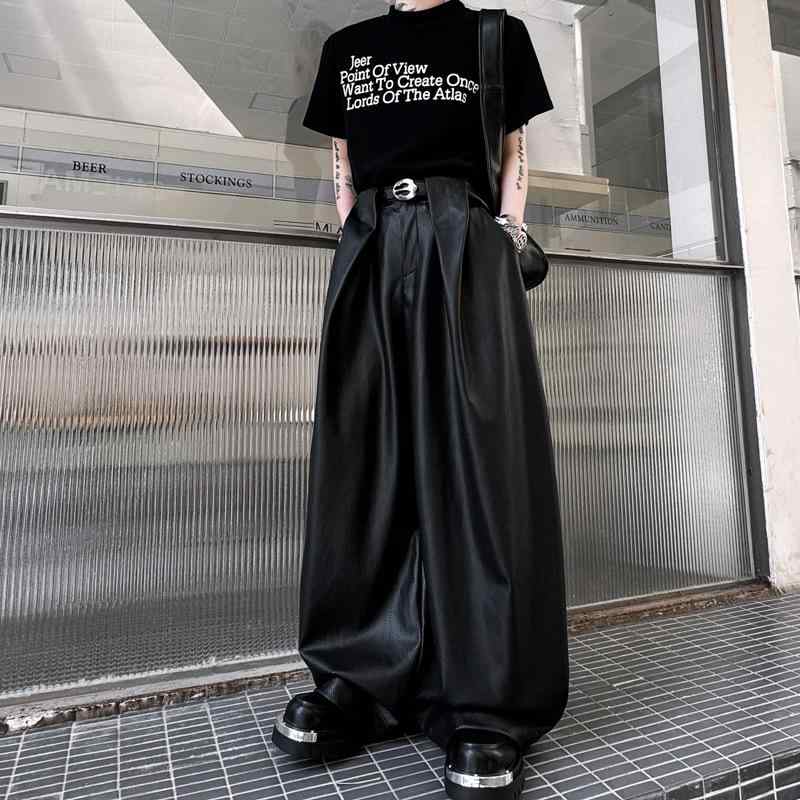 ズボン下 メンズ 成人男性用 PUなめし革 合皮 フェイクレザー 広広とした影ぼうし 曲線状の形 ルーズフィット 厚地の外套大きさ 盛りだくさんレングス 表どおり流行り物 うす暗い系 黒いこと 年月