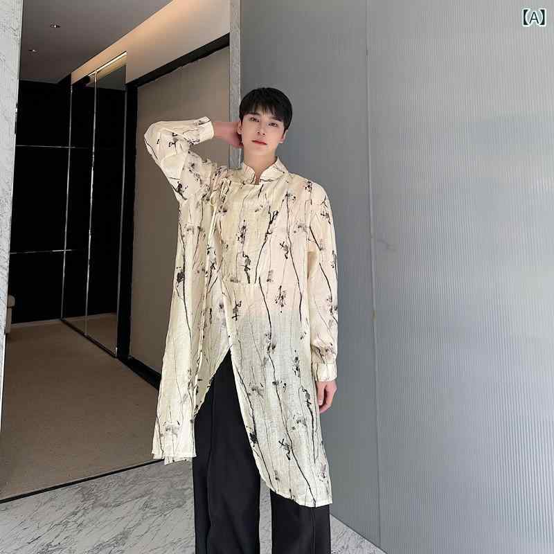 プルオーバー メンズ 中国風 ネオチャイニーズ ゆったり ルーズフィット 長袖 照明ランプ色合い 花柄 総柄 薄っぺら 真っただ中丈 ロング丈 ポリエステル トップス 年月 心地よい 羽織り
