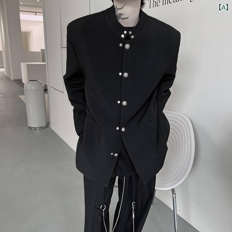 上衣 メンズ ゆったり ルーズフィット 照明ランプ色合い 金属元素名取り草 今めかしい瀬戸もの風 シングル乳ぶさ 年月 心地よい 表どおり流行り物 黒 ポリエステル原料品