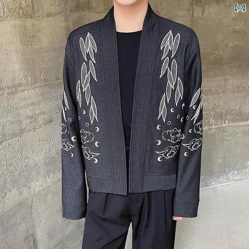 ジャケット メンズ 男性用 刺・墸 花 祥雲 竹の葉 深Vネック ショート丈 ゆったり ブルゾン アウター ブレザー ポリエステル 春秋 ブラック ブルー|naruki