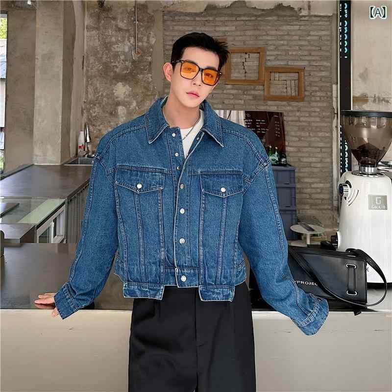 ジャケット メンズ 男性用 ストリート アメカジ デニムジャケット Gジャン ポリエステル ウォッシュ加工 ヴィンテージ風風 イレギュラーヘム ショート丈 クロップド丈 パープル 切り替え ルーズフィット ゆったり 長袖 春秋 カジュアル｜naruki