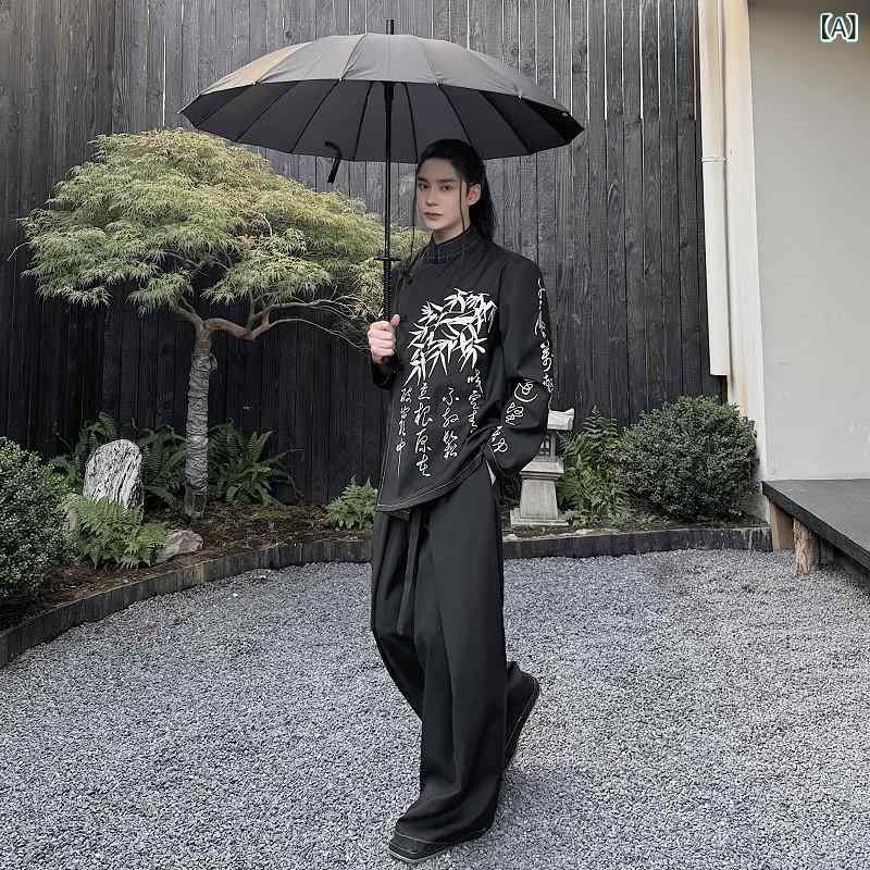 メンズ カジュアルセット 新チャイナ風 中国風 刺繍 花柄 スタンドカラー 立ち襟 斜め前合わせ チャイナボタン トップス ワイドパンツ ポリエステル ブラック 春秋 普段使い リラックスウェア