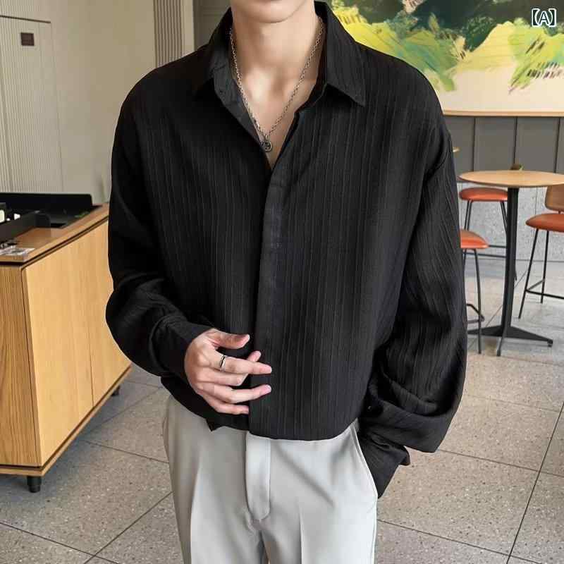 シャツ メンズ 韓国 大人カジュアル きれいめ プリーツ シワ加工 通気性 涼しい 個性的 テクスチャー シャツ ゆったり オーバーサイズ 長袖 無地 春夏 通勤 オフィス 普段使い ポリエステル トップス