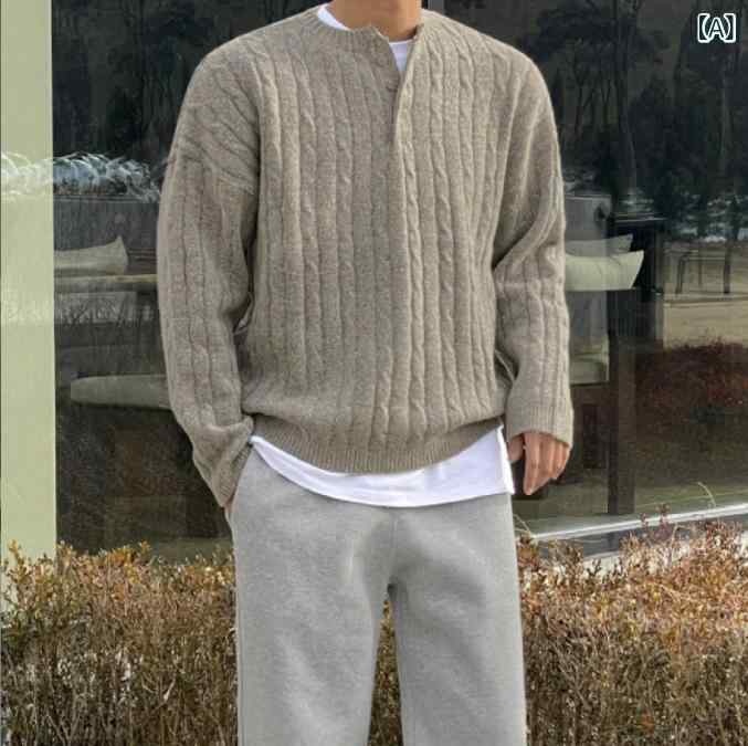ニット セーター メンズ 男性用 レトロ ケーブル編み ヘンリーネック プルオーバー ゆったり オーバーサイズ ビッグシルエット 肉厚 長袖 カジュアル 秋冬 韓国ファッション アクリル混紡 ボタン トレンド