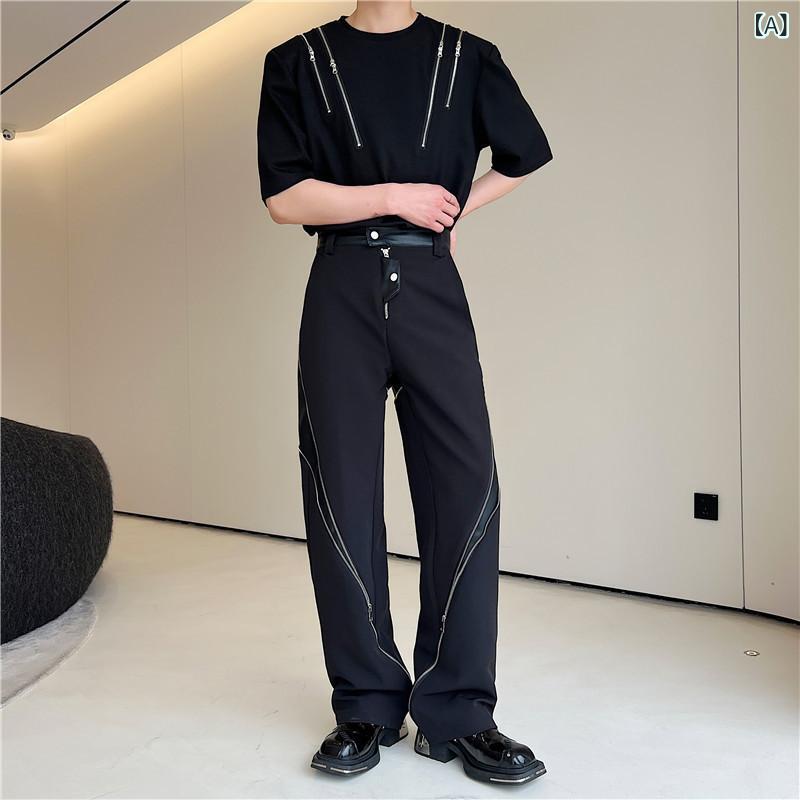 パンツ メンズ モード系 スタイリッシュ ジップ レザー切り替え デコンストラクテッド 個性的 ダンディ スラックス ルーズフィット ストレート 春秋 ブラック ポリエステル混紡