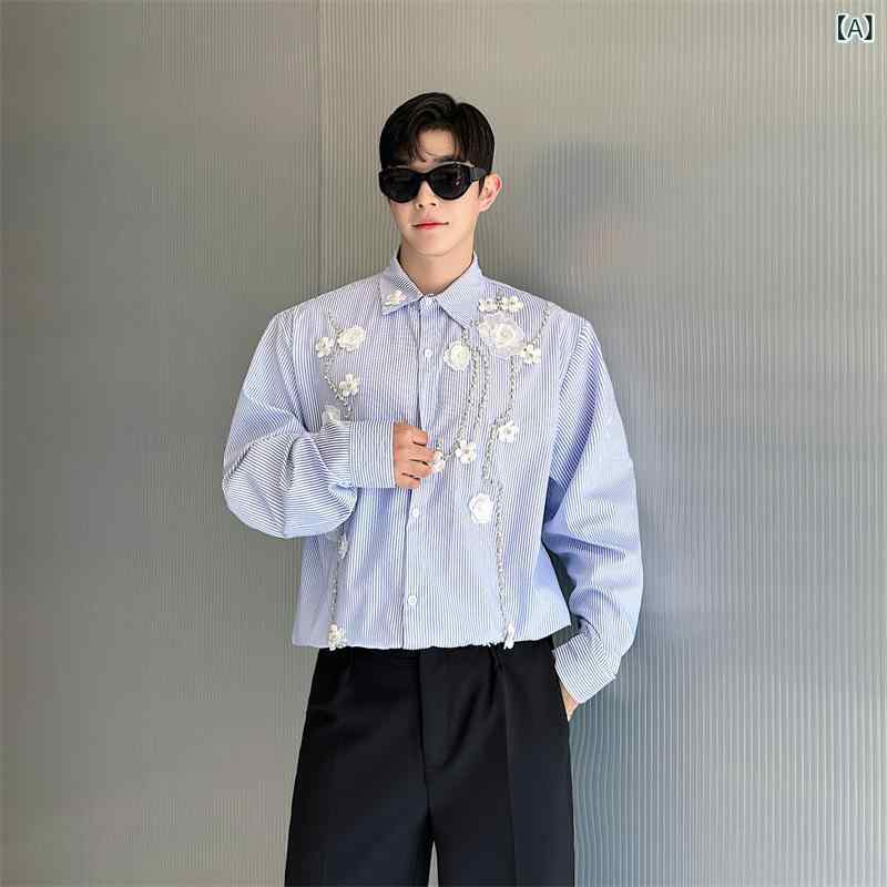 メンズ シャツ 春秋 長袖 ストライプ 手作業 花装飾 爽やか 清潔感 高級感 韓国 レギュラーカラー ゆったり ルーズフィット カジュアル 普段使い ポリエステル ブルー系