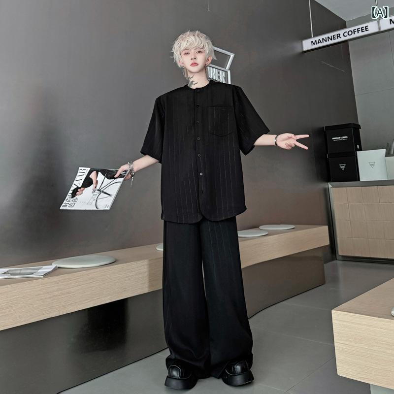 メンズ セットアップ カジュアル 韓国 シンプル きれいめ ゆったり ドレープ感 春夏 ラウンドネック 半袖 パッド入り ジャケット 上着 ワイドパンツ ボトムス コットン 普段使い おうち時間 ブラック ホワイト