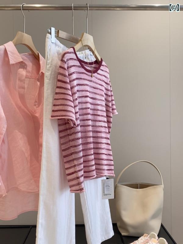 Tシャツ レディース トップス カットソー 再生繊維麻混紡 ストライプ柄 切り替え配色 クルーネック 半袖 ゆったり オーバーサイズ 春夏 接触冷感 吸湿速乾 美肌見え ベリーピンク カジュアル 韓国ファッション 普段使い