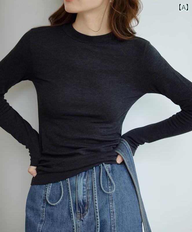 Tシャツ レディース モックネック 長袖 ウールブレンド スリムフィット プルオーバー 無地 優しい肌触り ダークグレー 杢グレー トップス 秋冬 デイリーユース カジュアル
