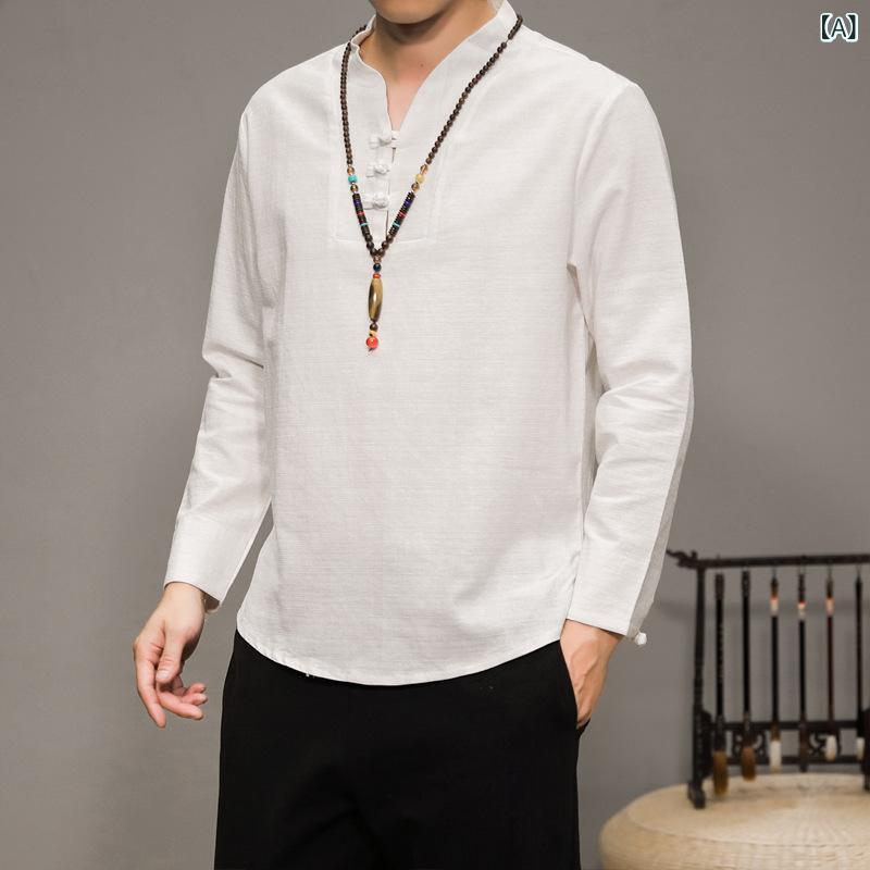 Tシャツ メンズ 綿麻 リネン Vネック 長袖 ゆったり シンプル チャイナボタン 漢服風 トップス インナー 着回し 春夏 普段使い リラックス 白 黒 グレー ネイビー