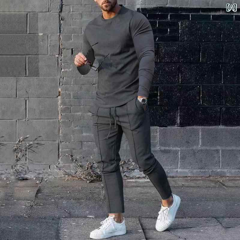 セットアップ メンズ 男性用 春秋 上下セット クルーネック 長袖Tシャツ ロングパンツ カジュアル スポーツ リラックス ジャージ ポリエステル混紡 普段使い 部屋着 トレーニングウェア ルームウェア